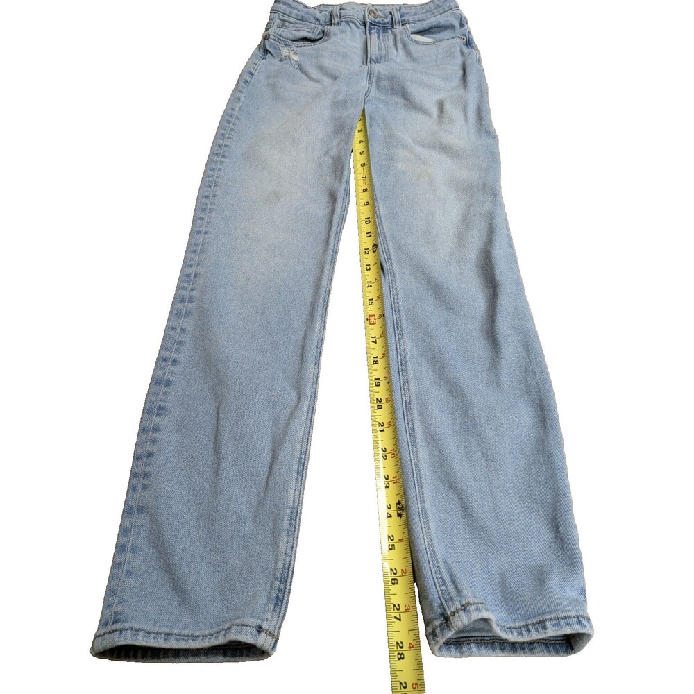 American Eagle Mom Jeans Light Wash Blue High Rise Stretch Distressed Size 2